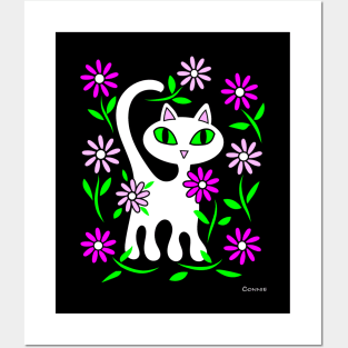 White Cat in Flower Garden Posters and Art